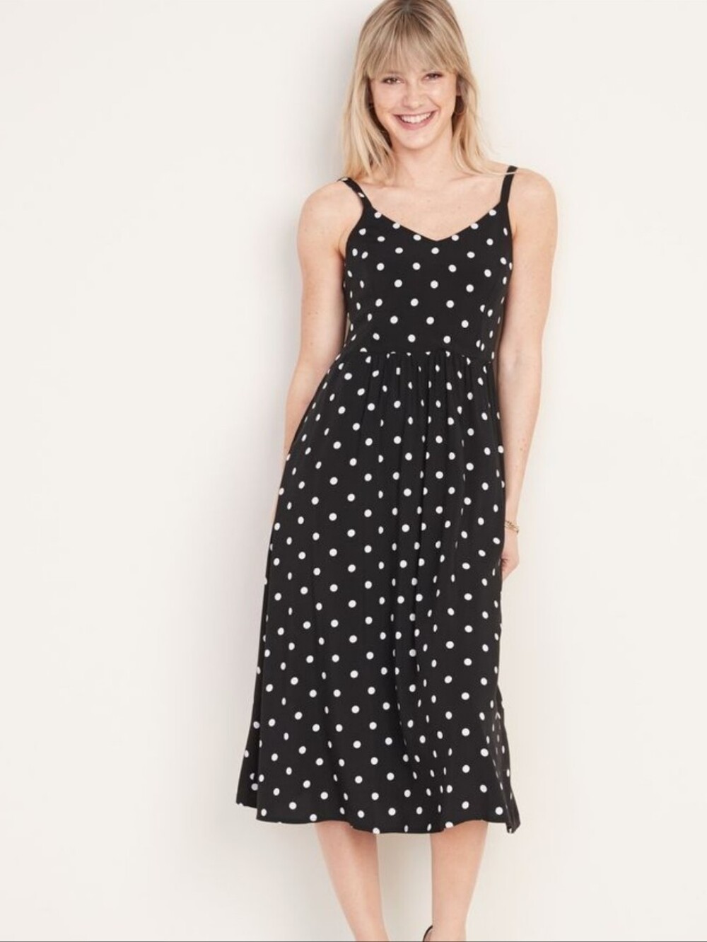 Old Navy Cami Midi Dress Polka Dot Print Black & White Spaghetti Strap Rayon M